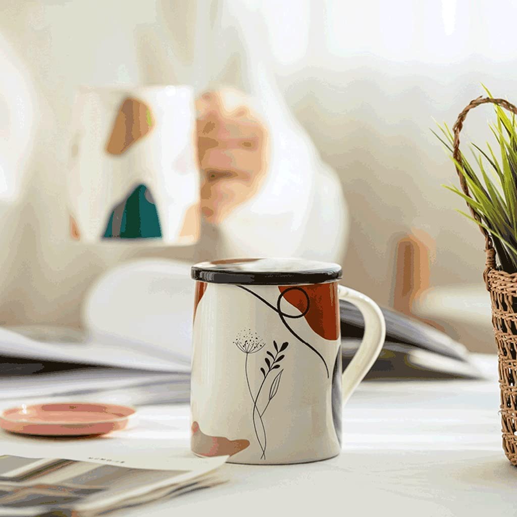 Taza de Café de Té Taza De Café Con Tapa, Tazas Creativas De Cerámica Para Bebidas Calientes Con Asa, 14,1 OZ, Taza Para Beber En El Microondas para té de la tarde(B)