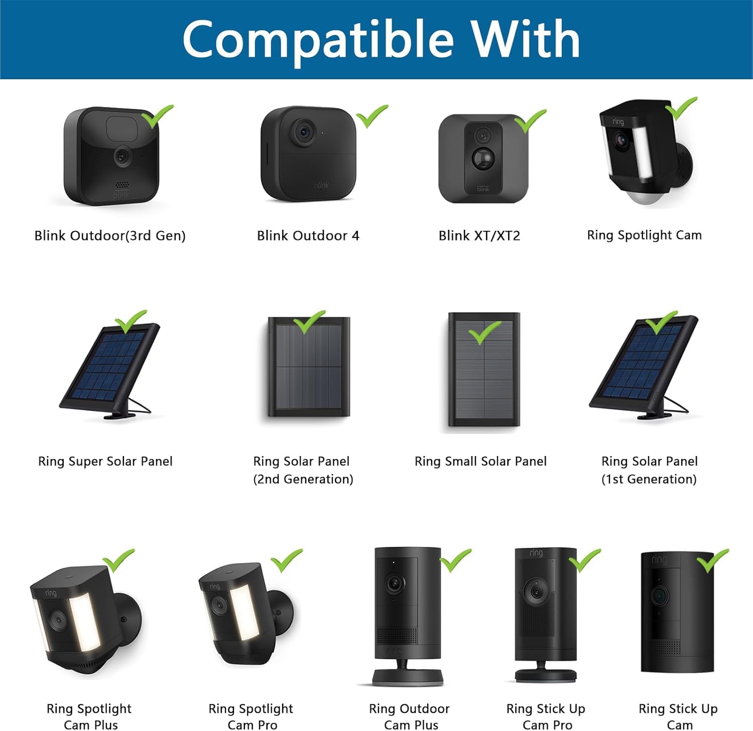 Support de montage universel pour caméras de sécurité extérieures et panneaux solaires, compatible avec les caméras Ring, Blink, Eufy, Google Nest, Arlo, Wyze, SimpliSafe, vis 1/4 (noir)