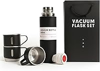 Vista 1 de Black Vacuum Flask Gift Set, Stainless Steel Insulated Water Bottle w/ 3 Cups, Hot & Cold Drinks Coffee Thermo Water Bottle, Reusable Thermal Cup
