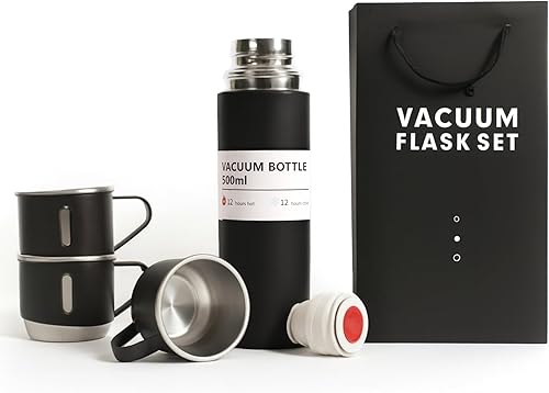 Juego de frasco al vacío negro, botella de agua aislada de acero inoxidable con 3 tazas, botella de agua térmica para bebidas calientes y frías,