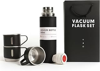 Black Vacuum Flask Gift Set, Stainless Steel Insulated Water Bottle w/ 3 Cups, Hot & Cold Drinks Coffee Thermo Water Bottle, Reusable Thermal Cup for Outdoor Camping Travel, Termos para Agua Fria,17oz