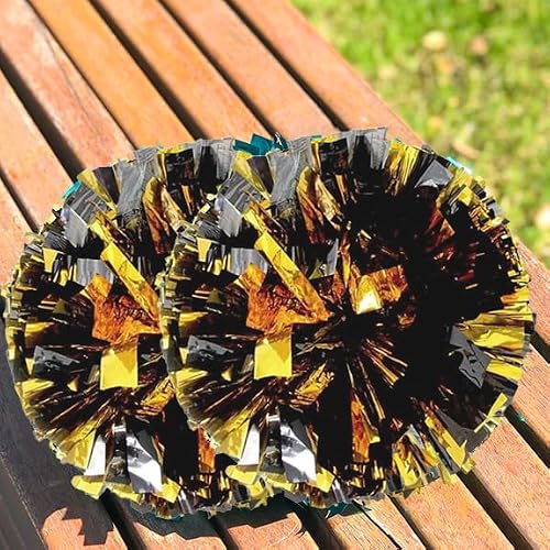 ZOOYOO Black and Gold Metallic Pom Poms Cheerleading, Fluffy Cheerleader Pom Poms 2 PCS 12 inch for Team Spirit Sports Dance Cheering Kids Adults - Thumbnail 3