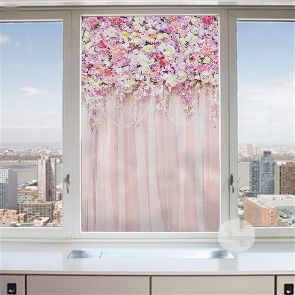 J4U No Glue Window Film Beautiful Pink Flower Pattern Decorative Privacy Window Frosted Glass Films for Living Room Bedroom Kitchen Lobby Porch Office 15.7x47.2 Inches 40x120cm
