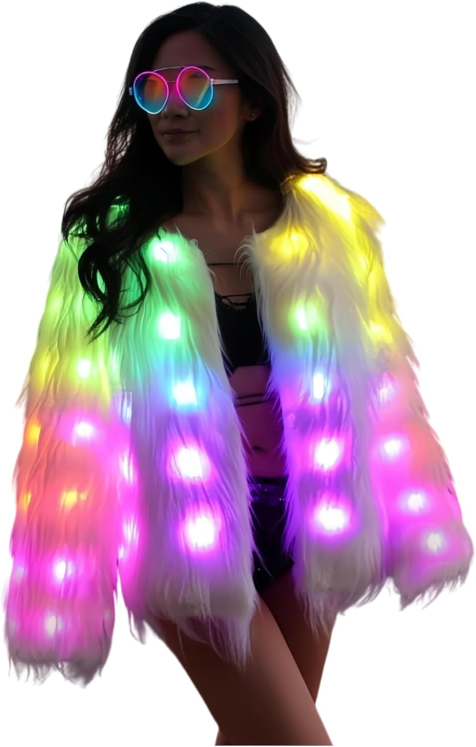 SHINYOU Women Faux Fur Jacket LED Light Up Jacket Halloween Chirstmas Music Festival Gift Winter Night Out Coat Plus Size¡­