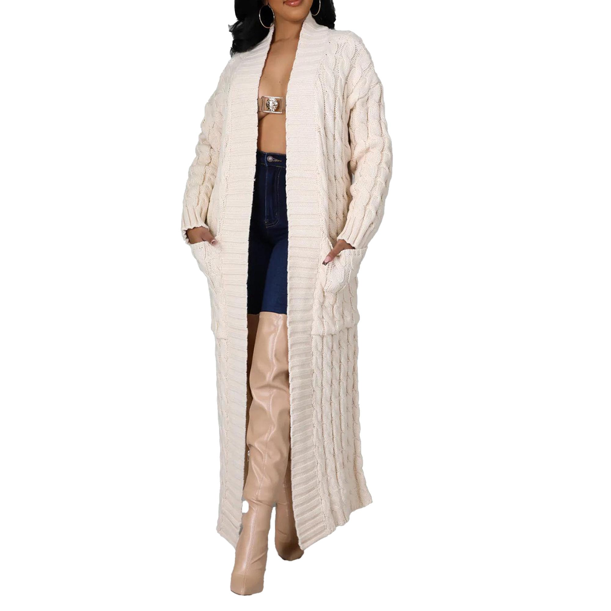 Women Long Sleeve Cable Knit Long Cardigan 2024 Fall Winter Chunky Open Front Sweaters Long Outwear with Pockets (Small,Apricot)
