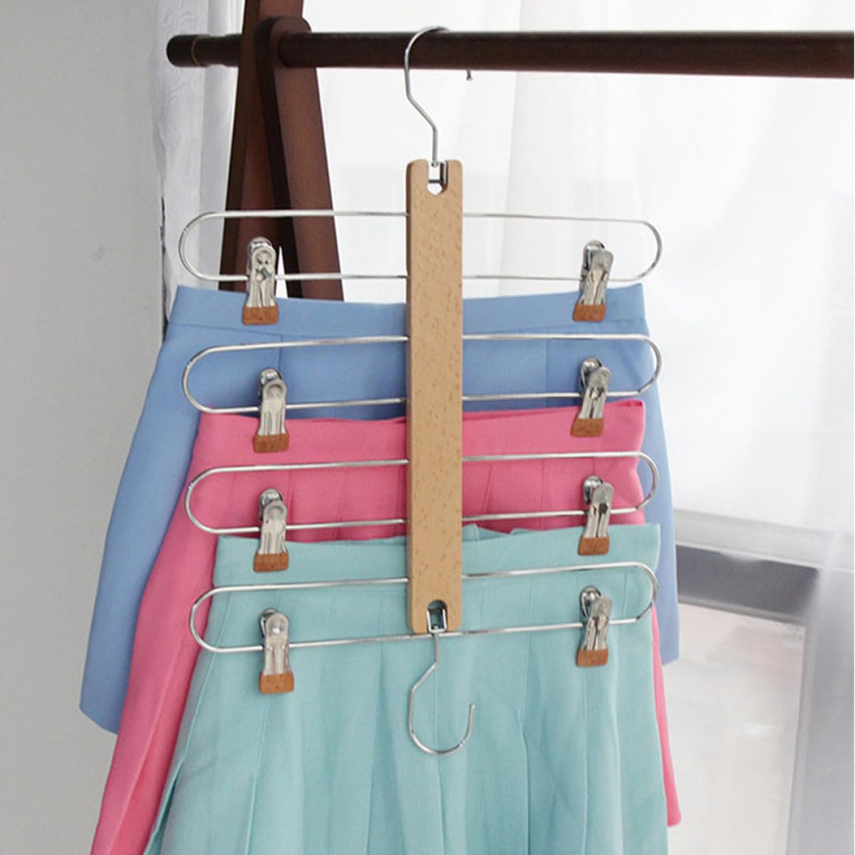 Grucce Pinza per Pantaloni e Gonne in Legno, Oro, 1 Pezzo | Struttura Multistrato Pieghevole e Telescopica, Bagno e Camera da Letto, Finitura senza Sbavature