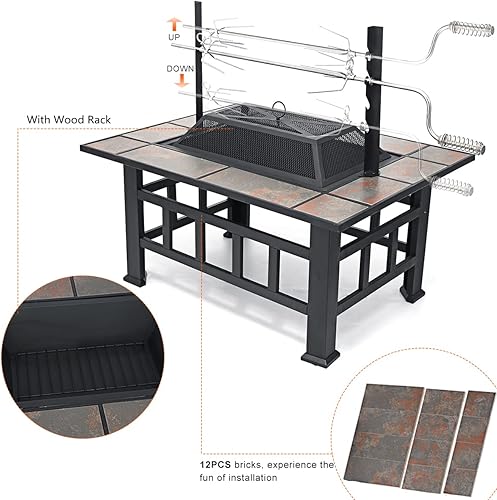 Miniatura 2 de SINGLYFIRE Mesa para hoguera de 37 pulgadas con parrilla para exteriores, hoguera cuadrada grande de leña, hoguera de acero resistente, cocina con