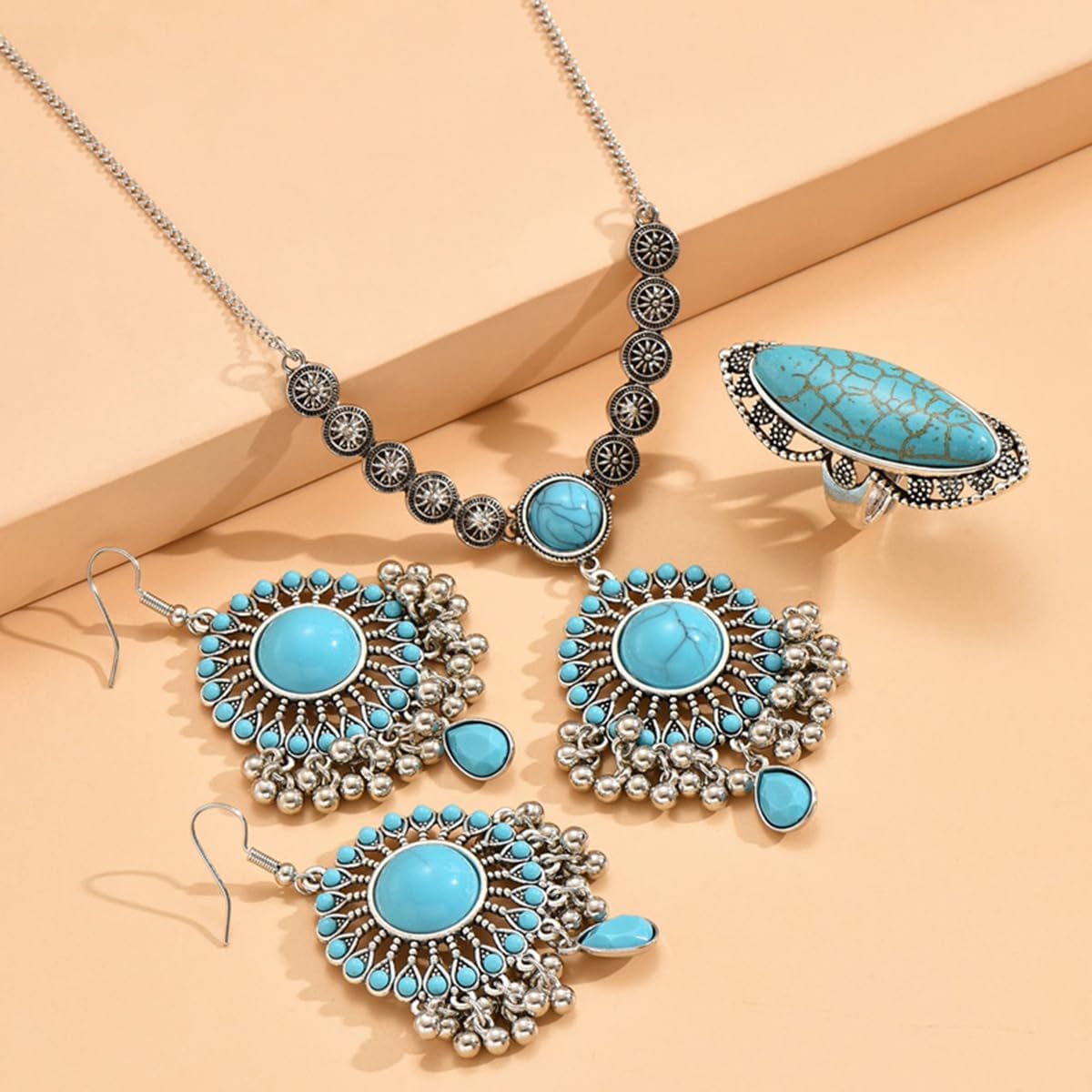 Bohemian Turquoise Jewelery Set for Women Western Jewelry Boho Dangle Earring Open Ring Band Necklace Pendant Choker Oxidized Antique Bollywood Vintage Cowgirls Wedding Hippie Statement Birthday Party - Image 5