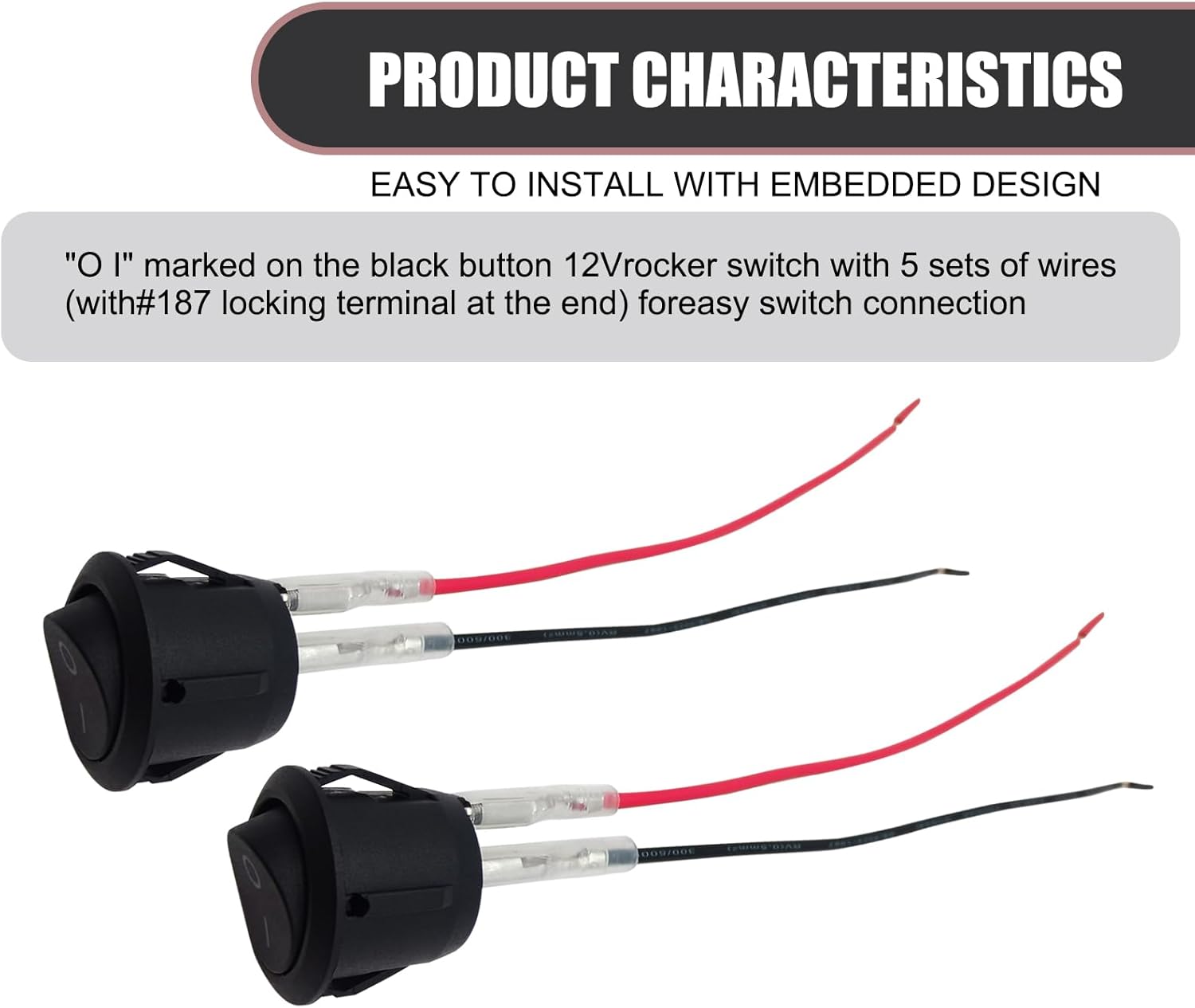 Pack-5 Car Round ON-Off Rocker Switch, 2nd Gear 2 Pin Hot-Pressed Terminal Toggle Switch with Wiring Harness, DC 12V-24V Mini 0.78"/20mm Modified Switch, Universal for Cars (Black & Red) image 3 of 6 B0DB81WNM4