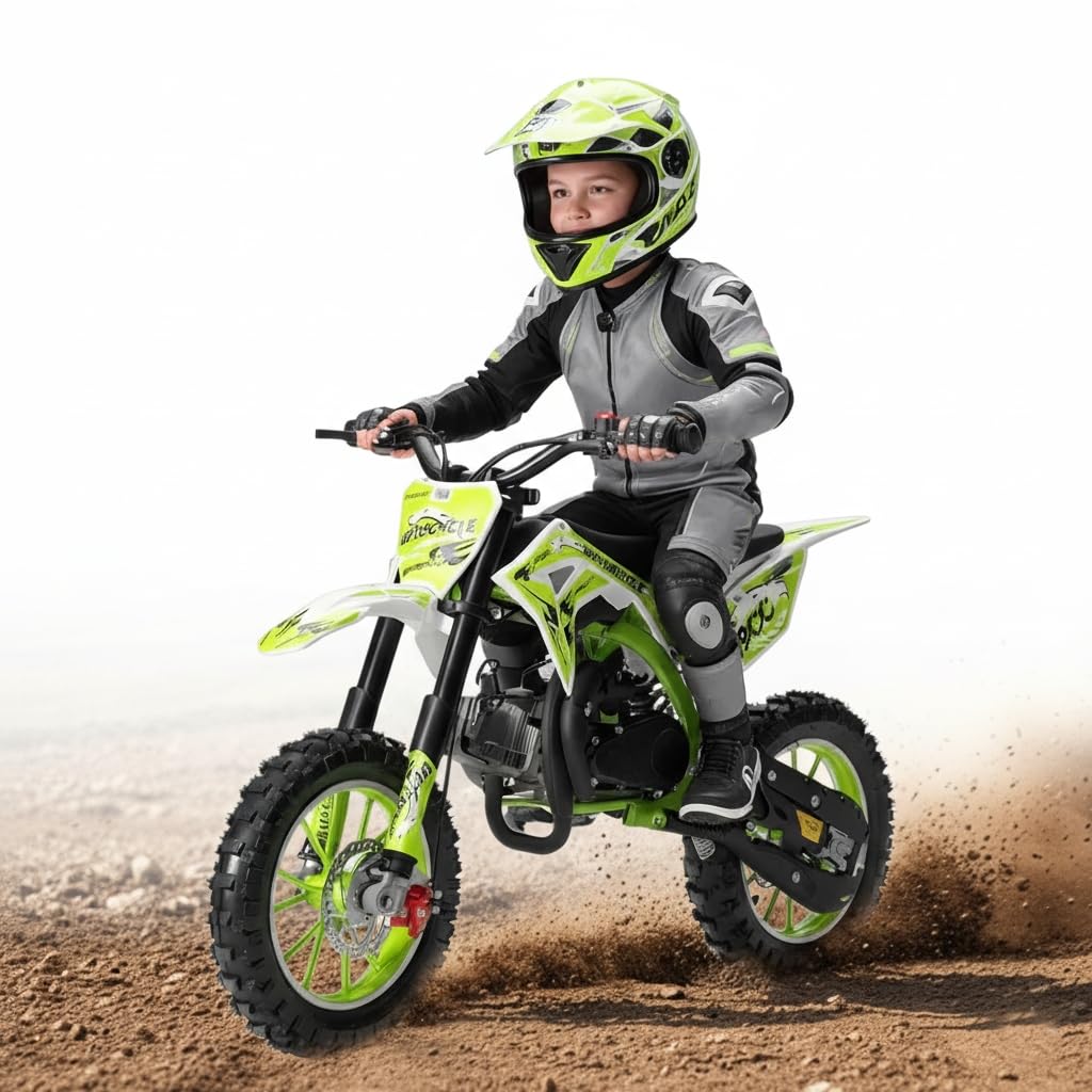 SamFansar 49cc Kids Dirt Bike - Gas-Powered 2-Stroke, Off-Road 10” Tires, Dual Disc Brakes, Upgraded 40x20 Frame, Pull Start Pit Bike, 25MPH Speed,