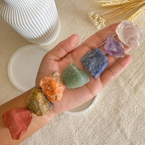Kit 7 Cristais dos Chakras Bruto - Jaspe Vermelho, Calcita Laranja, Olho de Tigre, Quartzo Verde, So