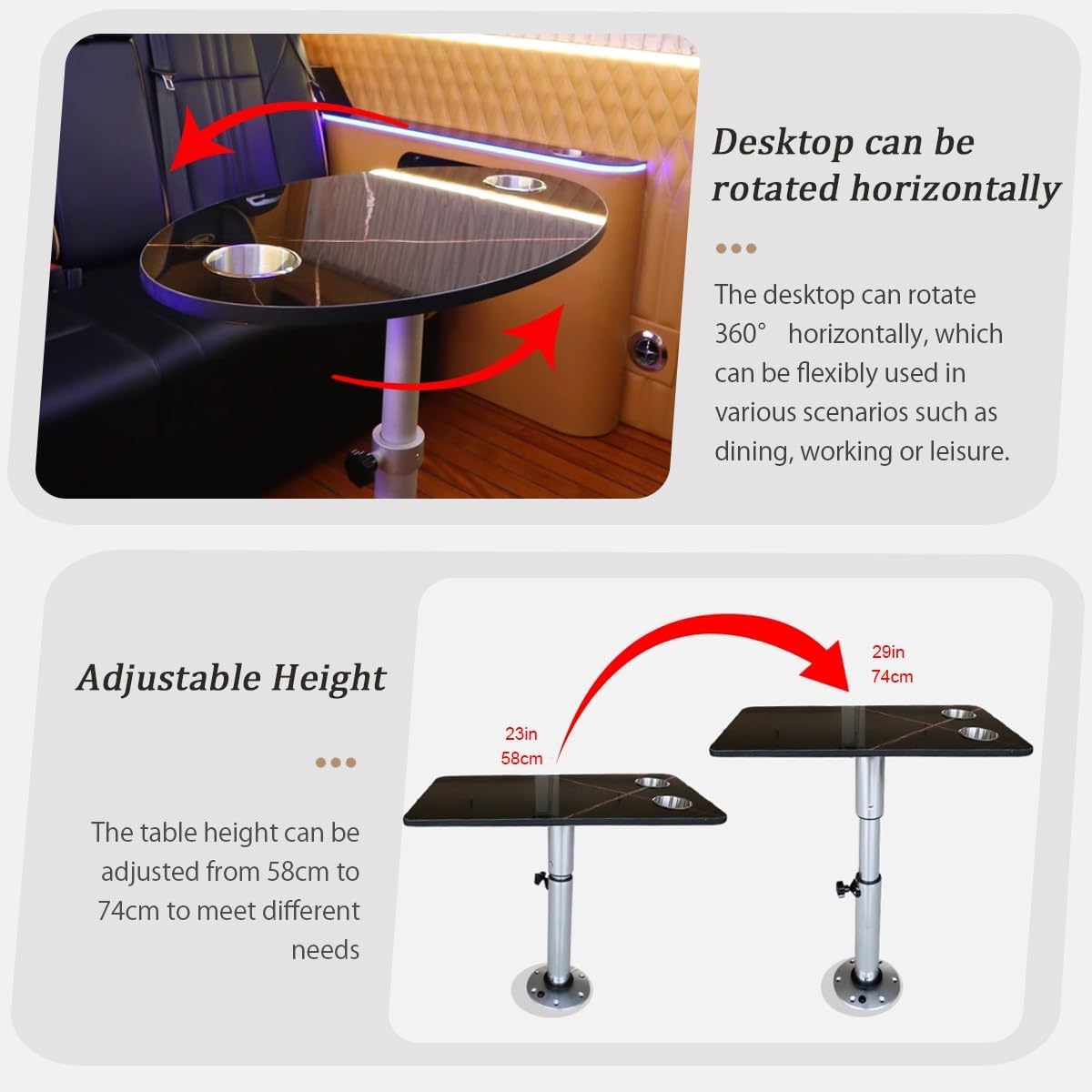 RV Foldable Dinette Table with Swivel Functionality, Removable Oval Top, 360° Rotation, Includes 2 Cup Holders