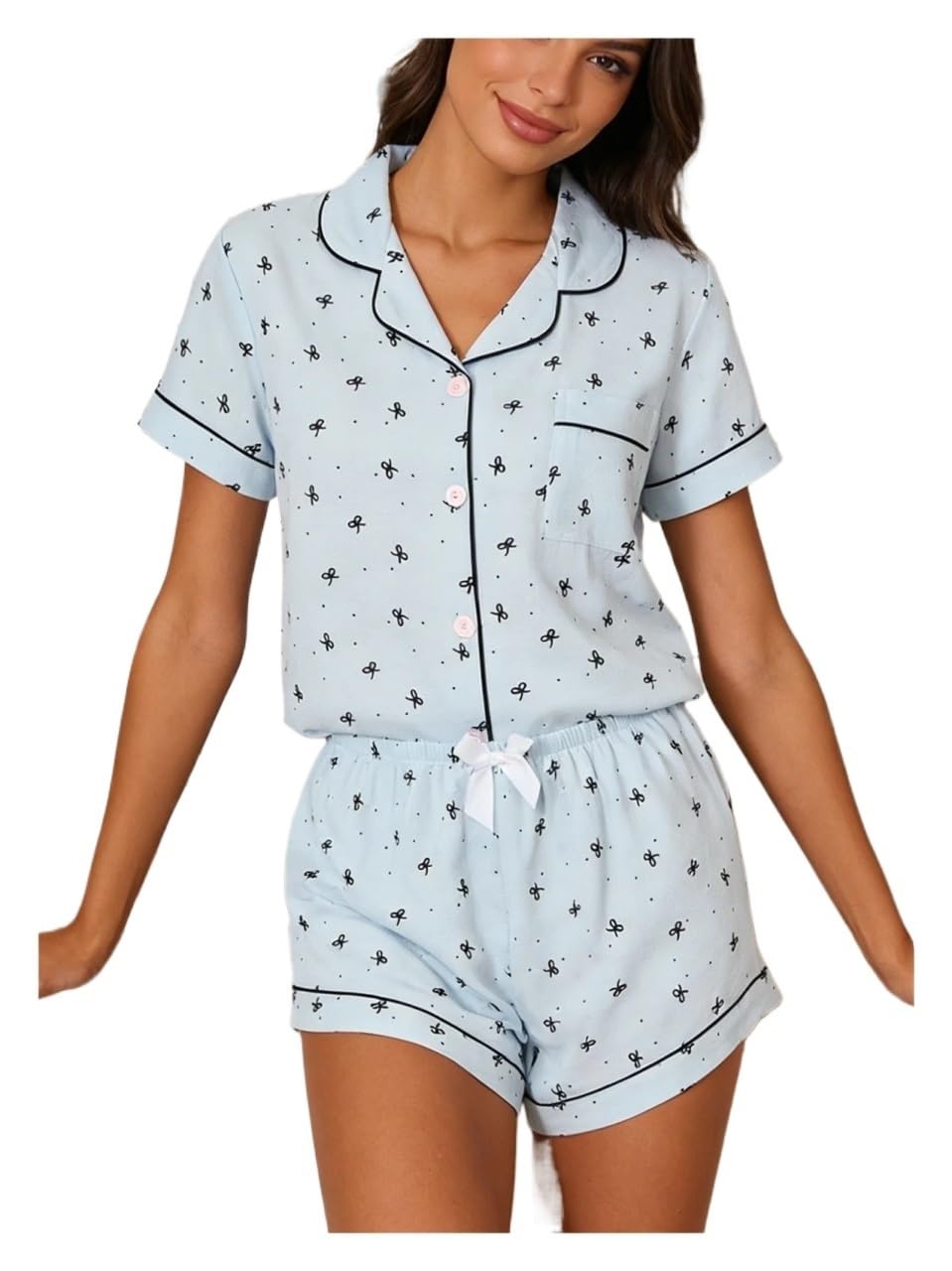Pijamas for Mujer, cárdigan con Solapa, Pantalones Cortos de Manga Corta, Conjunto 2 Piezas, Ropa casa Estampado Lunares y Lazo Bonito for Primavera Verano para Descanso en casa