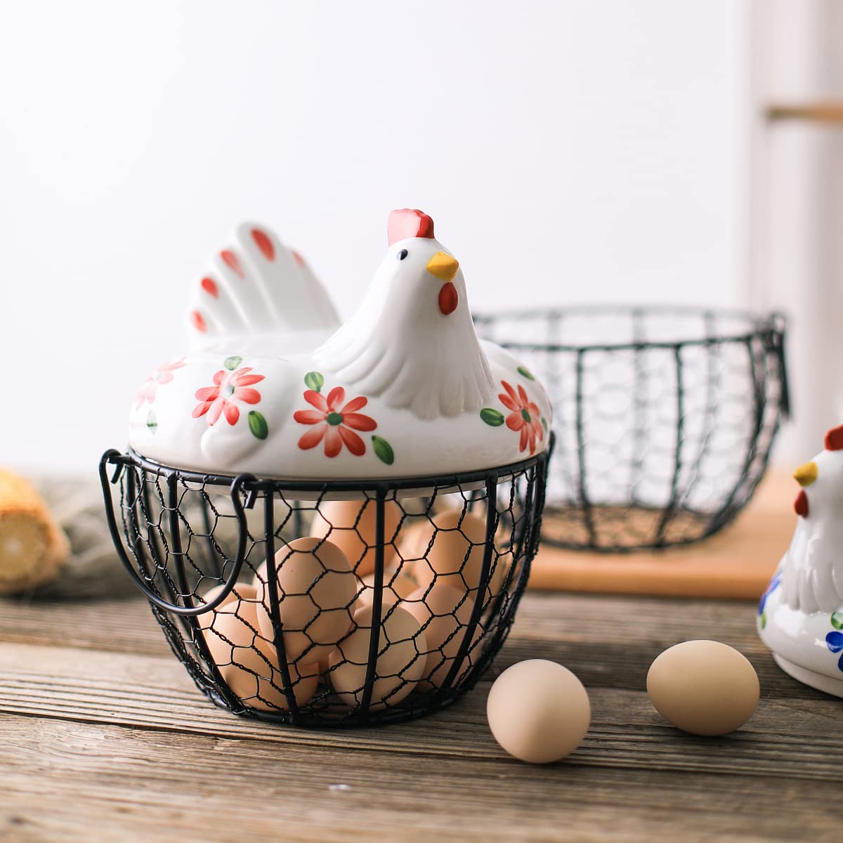 Cestino per uova da cucina in filo metallico con coperchio in ceramica per uova fresche, contenitore per uova fresche