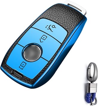 x xotic tech Blue TPU Grainy Leather Texture Key Fob Shell Cover Case w/ Keychain Compatible with Mercedes Benz A C CLE CLS E G GL GLK GLA GLC GLE GLS S SL SLC SLK SLS 3-Button Smart Keyless Entry Key