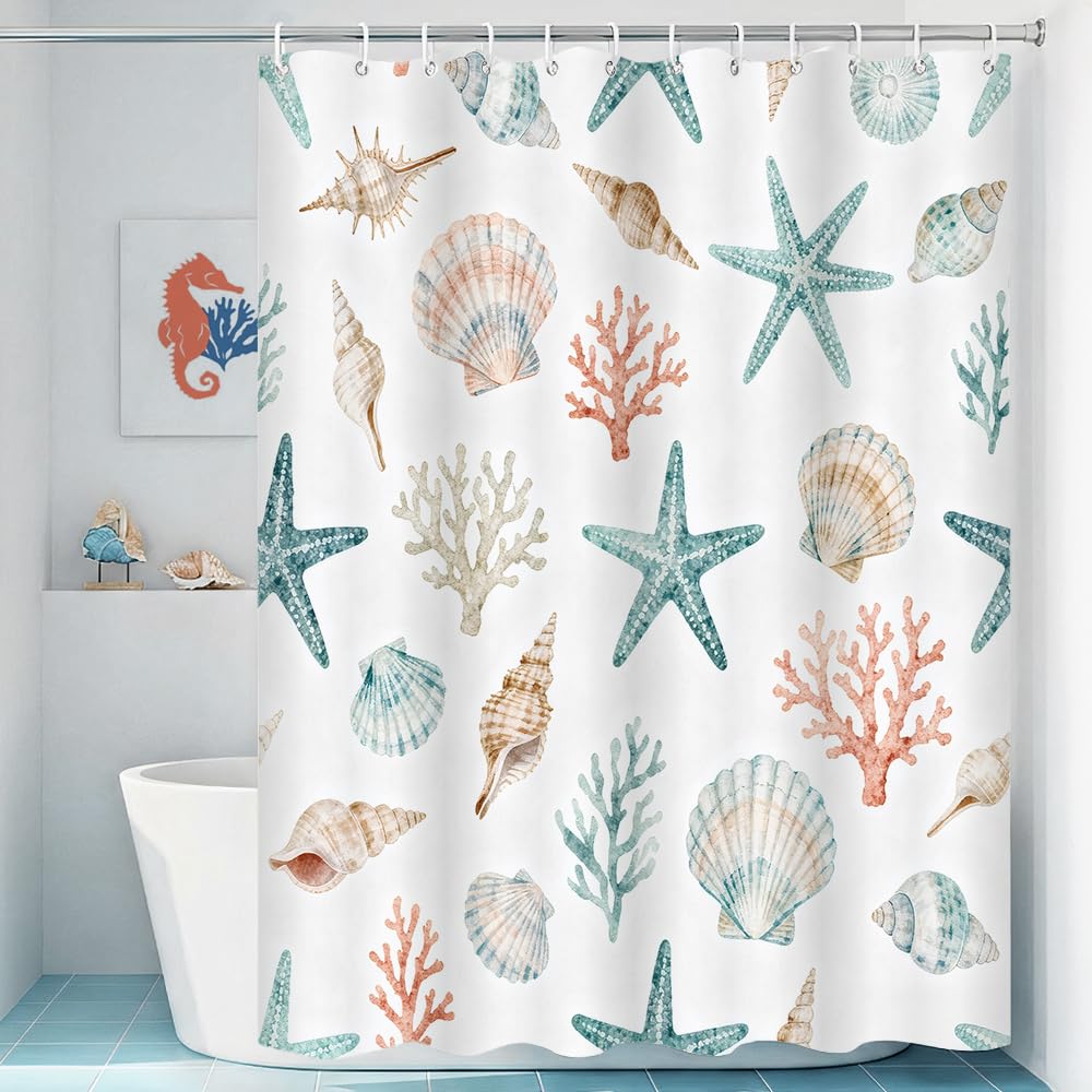 Zafyygh Colorful Watercolor Coastal Sea Shell Shower Curtain, 72X72 Inch Pastel Starfish Coral Fabric, Elegant Beach Bathroom Decor