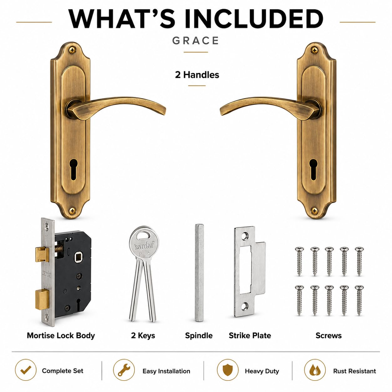 SARDAR Premium 7 Inch Mortise Door Handle Lock Set for Main Door & Bedroom | Heavy Duty Designer Finish with Complete Installation Kit| Grace Antique| — Amazon image 3
