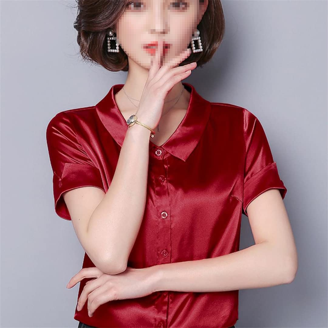 Camisa con Botones para Mujer, Manga Corta, Cuello en V, Blusa de Negocios para el Camisas de Seda Satinada