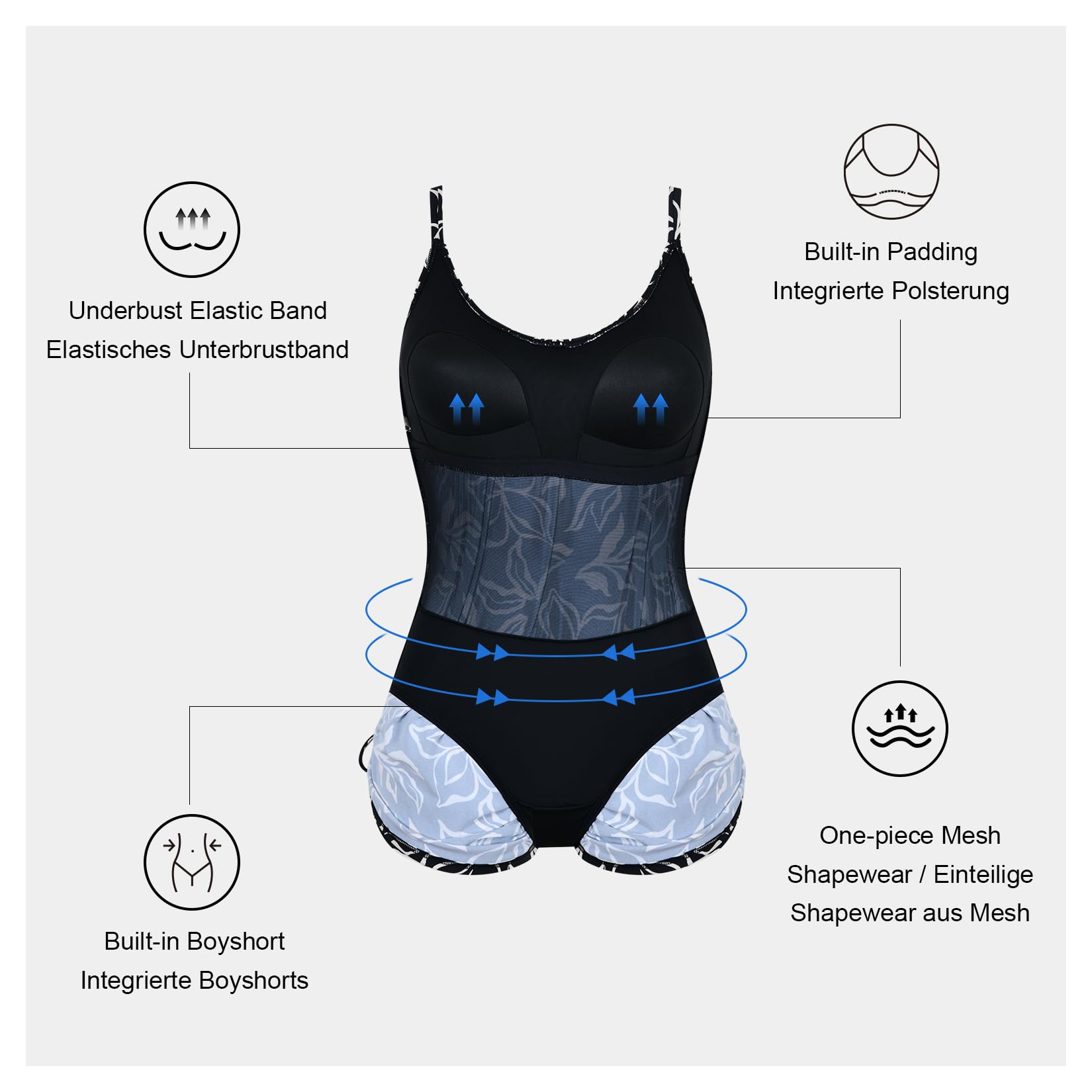 Maillot de Bain Une pièce pour Femme, Maillot de Bain à Jupe Amincissant, Robe de Bain à Cordons sur Les côtés avec Short intégré