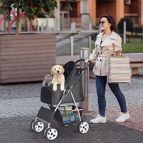 Zeny Foldable Pet Stroller, Cat/Dog Stroller With 4 Wheel, Pet Travel Carrier Strolling Cart With Storage Basket, Cup Holder, Black #TOP7