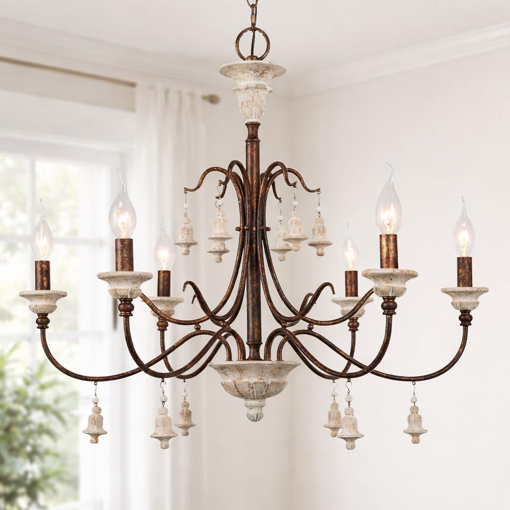LALUZ Farmhouse Chandelier, 6-Light French Country Distressed Wood Lighting, Shabby Chic Chandelier with Rusted Metal Arms and Wood Pendants for Dining Room, Living Room, Bedroom