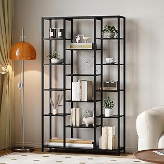 Hzuaneri Bücherregal, Standregal mit 6 Ebenen 15 Ablagen, Verstellbare offene Ablagen, für Wohnzimmer, Büro, Schlafzimmer, 30 x 100 x 170 cm, Schwarz mit Holzmaserung, BC15004B
