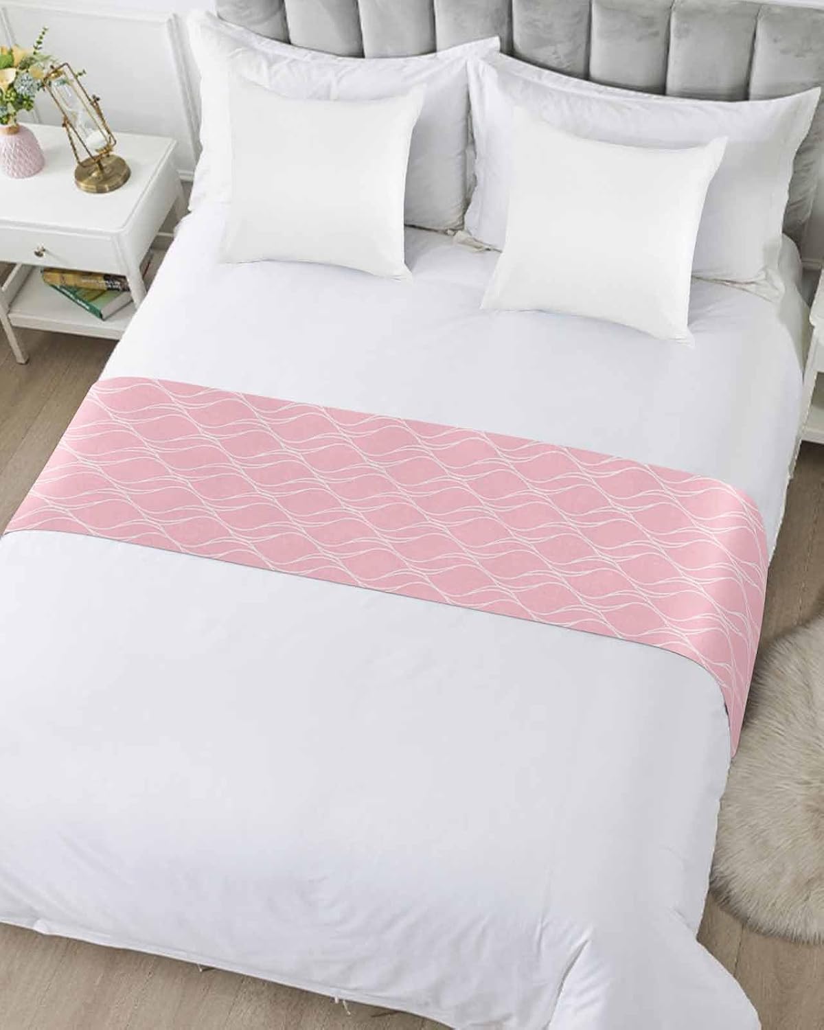 Pink White Stripes Bed Runner Scarf King Size, Simple Geometric Modern Monochrome Luxury Bed Throw Runners & Scarves for Twin Full Queen King Foot of Bed, Bedroom Hotel Decoration, 94"x20"