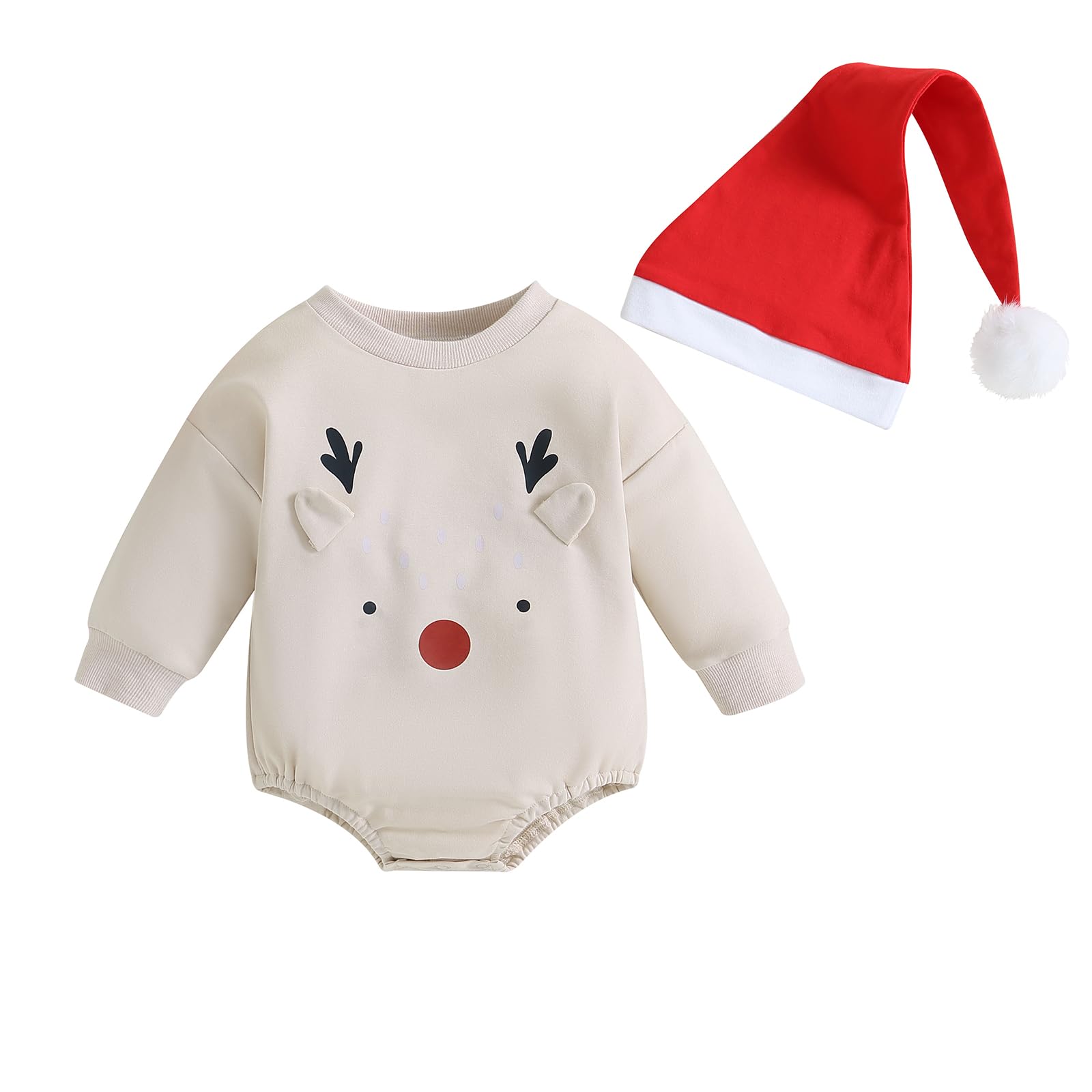 mlpeerw Baby Christmas Outfit, Long Sleeve Crew Neck Elk Print Romper with Hat 2-piece Outfit for Boys Girls