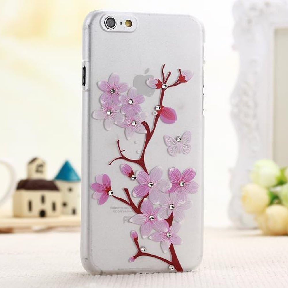 Elfe Boutique iPhone 6 4.7 Soft TPU Clear Case, Sakura Cherry Blossom Ultra-thin Soft Rubber Case with Crystal Decorated for iPhone 6 4.7 + Screen Protector + Earphone Anti Dust Plug Cap + Retail Package