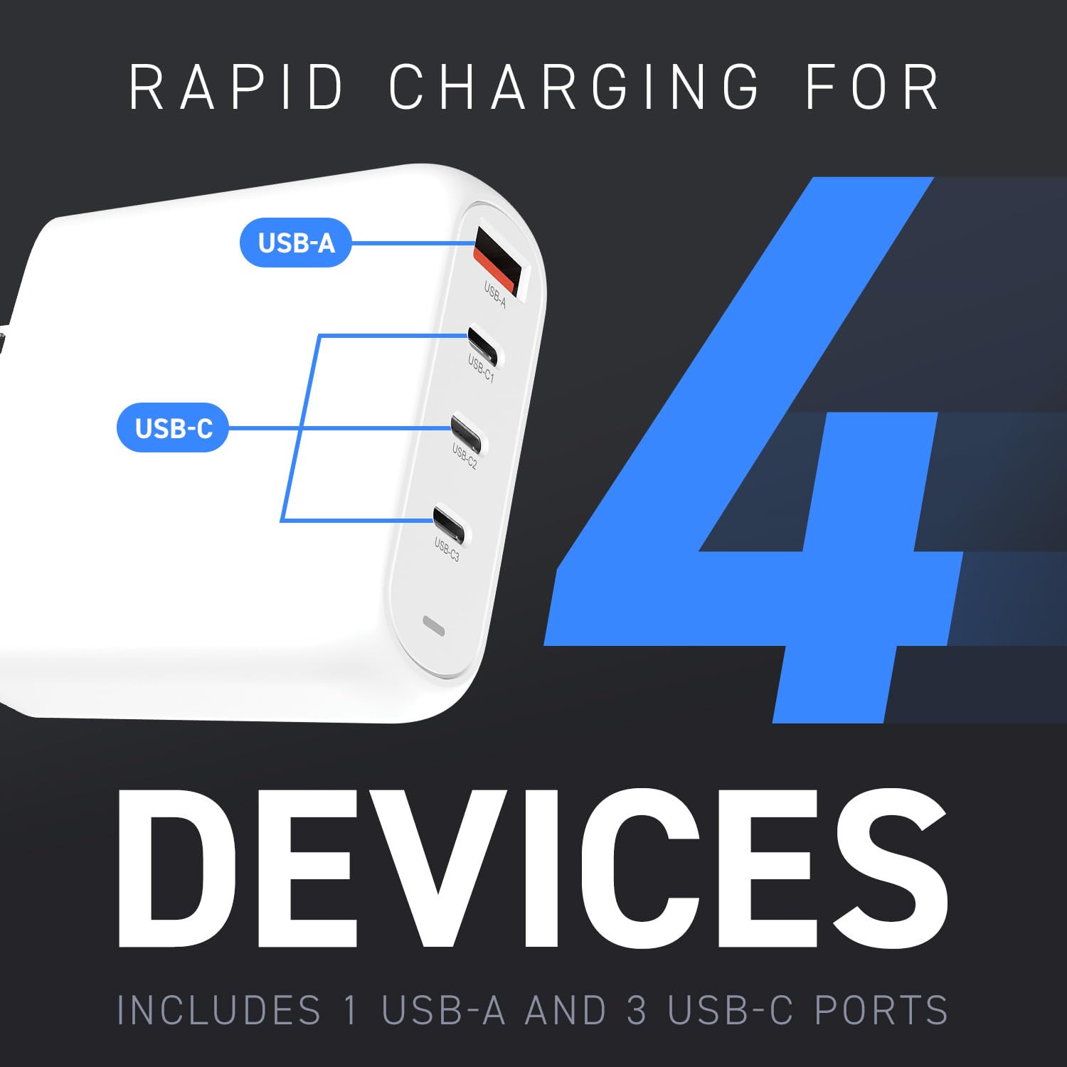 Creative 100 W GaN Charger 4-Port USB GaN Charger Mural avec PPS, PD 3.0, et QC 4.0+ pour téléphones et Ordinateurs Portables, Une Prise CA UE Interchangeable Incluse