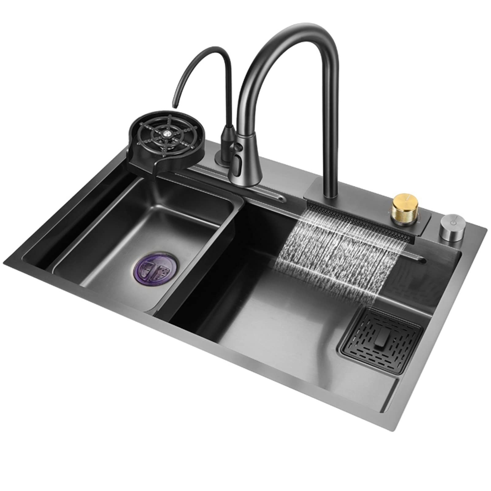 ZQFHSX Black Nano Single Bowl Kitchen Sink 304 Stainless Steel Waterfall Faucet Multifunctional Handmade RV with 360° PullOut Sprayer & Cup Washer