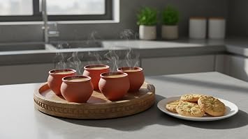 Handmade Traditional Kulhar Kulhad Chai Tea Coffee Mug Cup Cantaritos Set of 6 Glazed Earthenware Glossy Finish Clay Terracotta Artisanal Studio Pottery Mud Brown Food Safe Natural Rustic Eco-Friendly