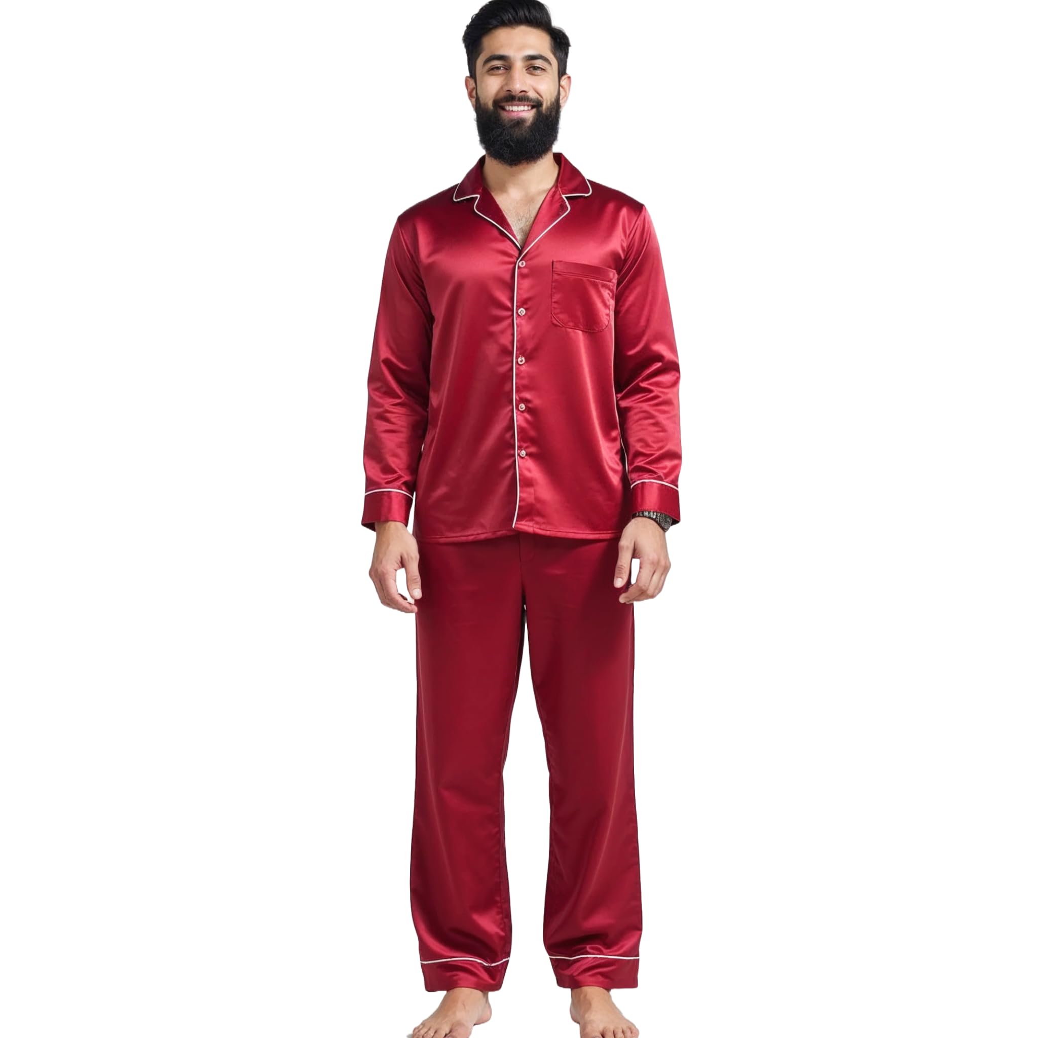 alldaysilk Men’s Red Silk Pajama Set | Luxury Sleepwear & Loungewear | Soft, Breathable, Lightweight Silk Night Suit with Contrast Piping | Forever Close to Your Skin-picture-31