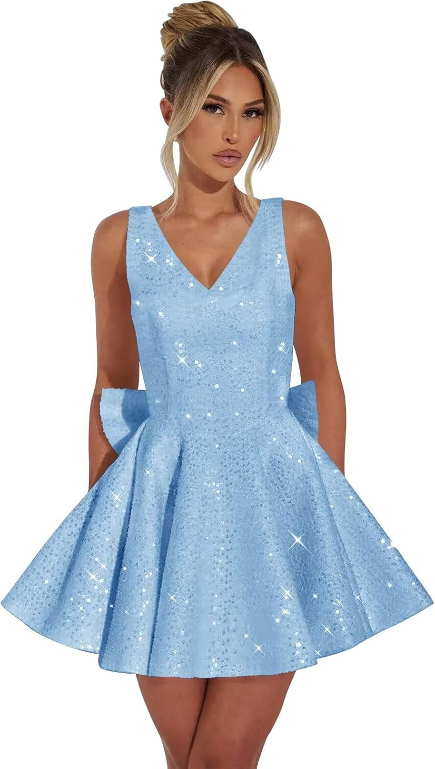 Xijun Women's V Neck Sequin Homecoming Dresses with Bow 2025 Spaghetti Straps Short A Line Cocktail HOCO Dress