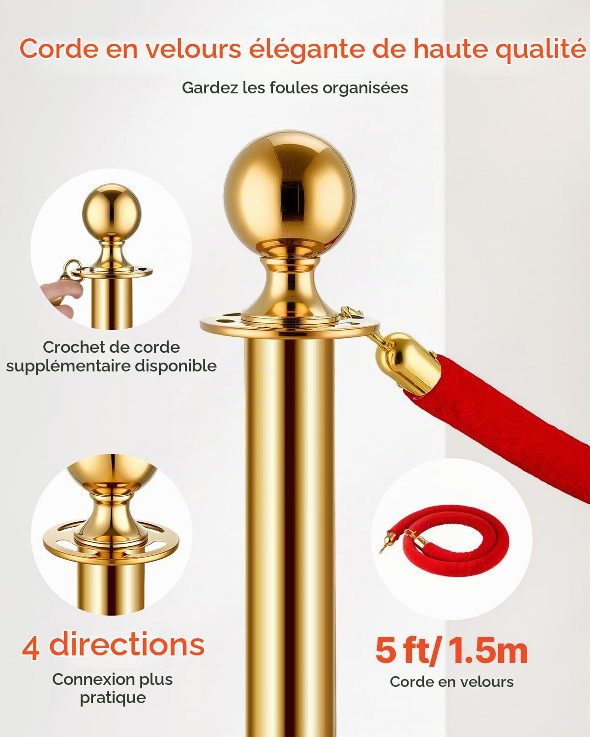 VEVOR Poteau de guidage, 8 pcs, barrière de balisage pour contrôle de foules, avec base creuse, 6 cordes velours rouge et poteaux dorés en acier inoxydable, pour file d'attente en public, hôtel, fête