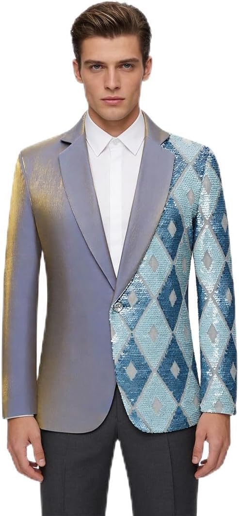 Men's Asymmetrical Design Blazer Sequin Geometric Diamond Pattern Slim Fit Jacket for Prom Wedding Banquet