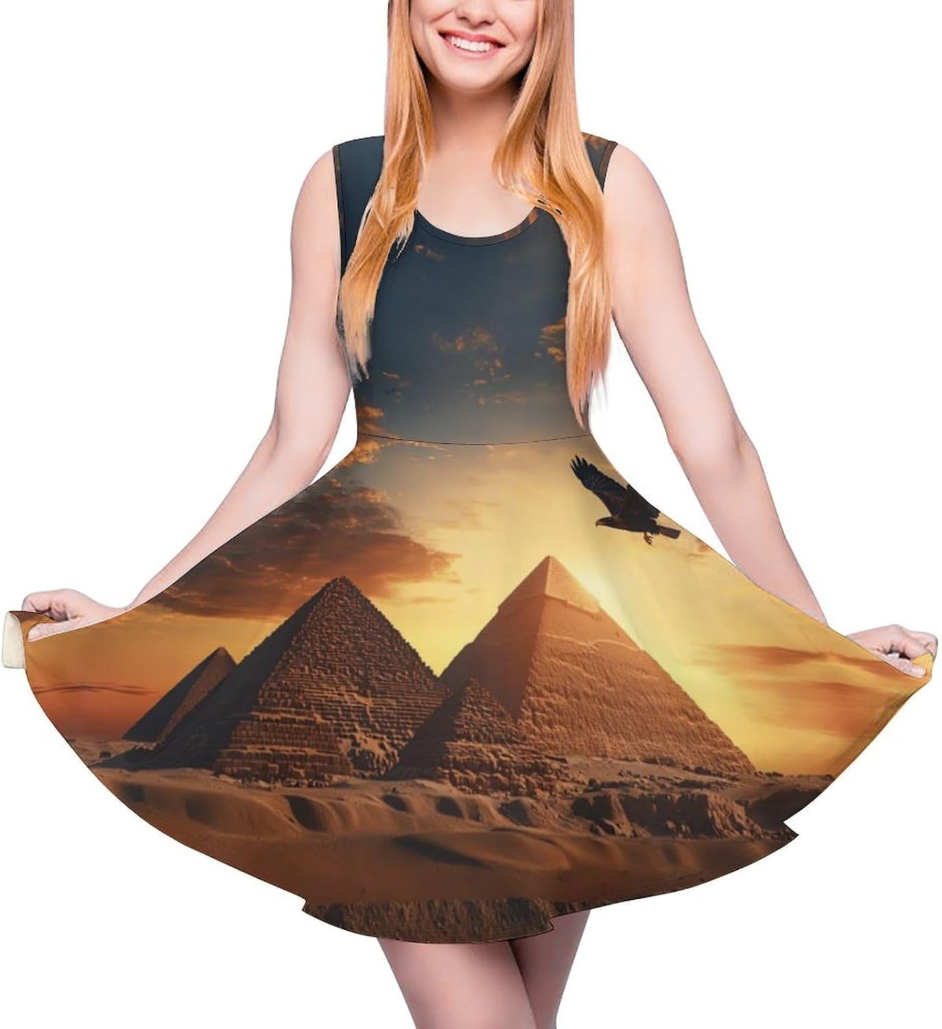 Egyptian Pyramids Flying Ea-gle Women's Dresses Round Neck Dress Sleeveless Tank Dress Ruffle Hem Sundress