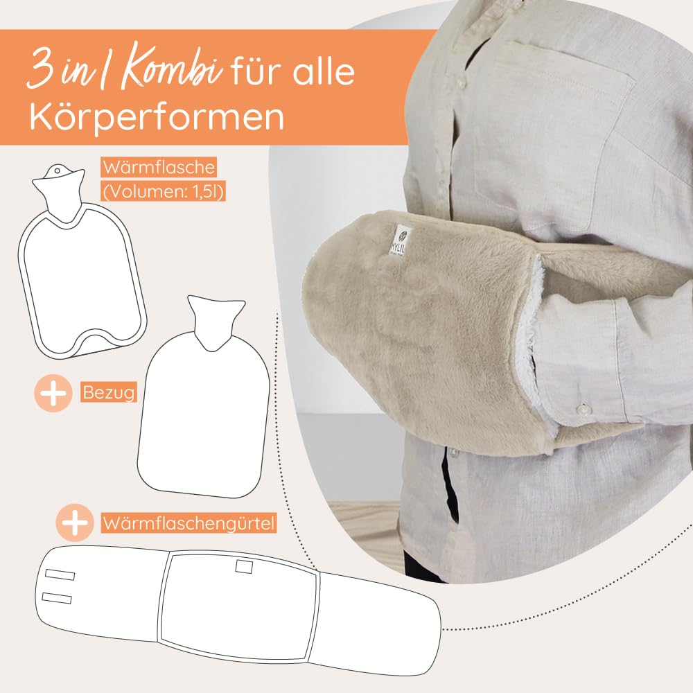 MYLILY Wärmflaschengürtel für Bauch & Periode, 1 l, Naturkautschuk, Beige | 3-in-1, 130 cm Klettgürtel, Naturkautschuk BPA-frei, bei Regelschmerzen, Hände frei, vordere Tasche, Plüschbezug, waschbar