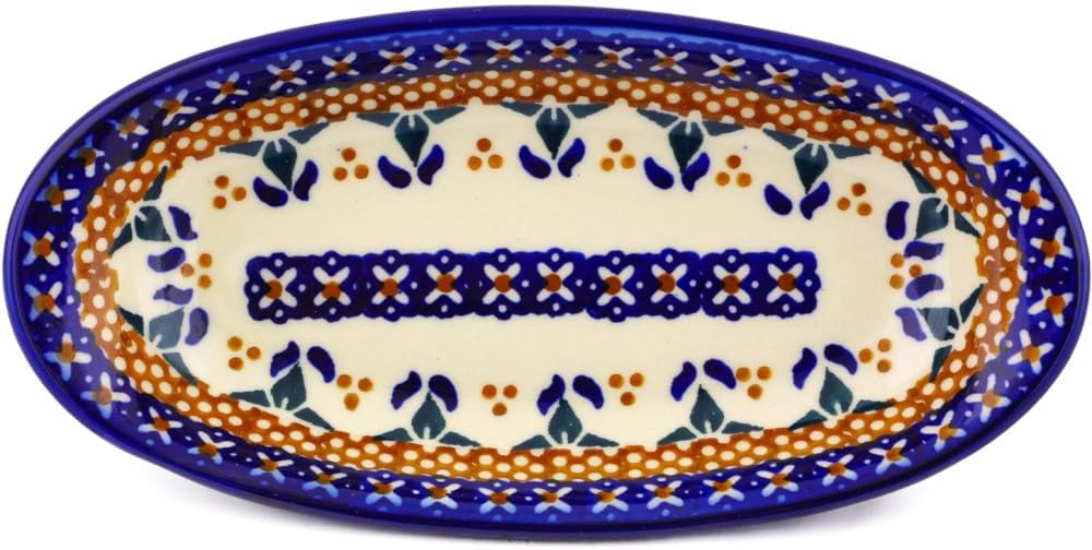 Polmedia Polish Pottery Condiment Dish UNIKAT - Blue Cress Pattern Handmade in Boleslawiec Poland by Ceramika Bona + Certificate of Authenticity