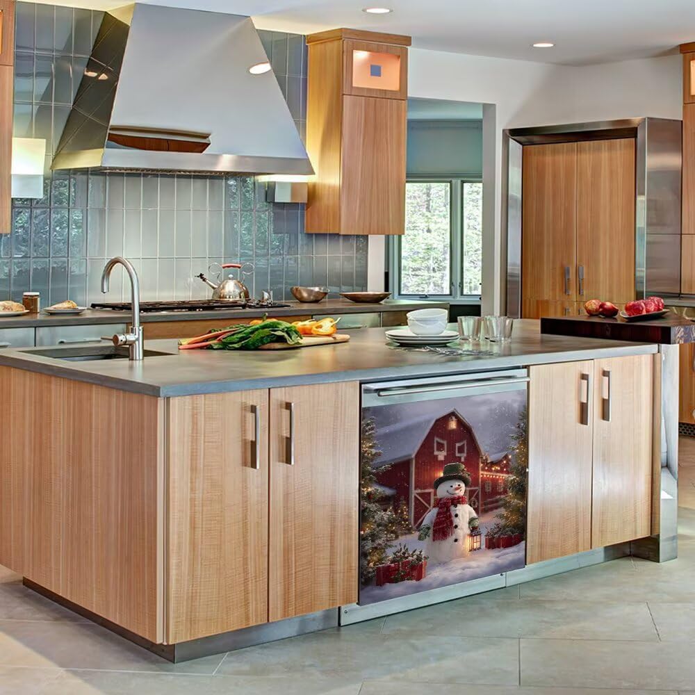 Winter Snowman Dishwasher Magnet Cover, Farm Red Barn Magnetic Dishwasher Cover Kitchen Christmas Decoration, Refrigerator Magnet Fridge Door Decal for Home Decor, 23"x26"