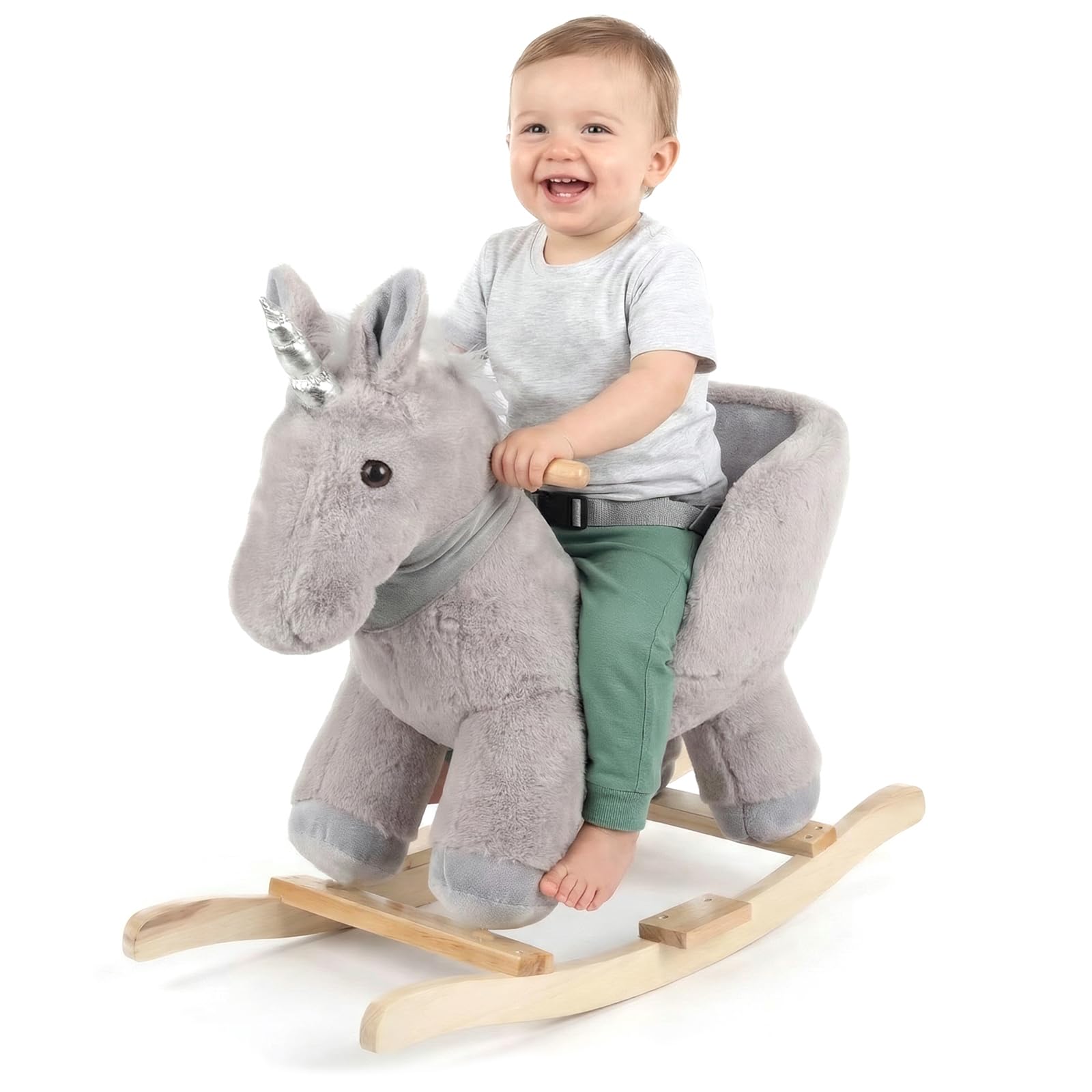 Veptorum Plush Unicorn Rocker with Safety Belt, Soft Stuffed Ride-On Toy with Solid Wood Base, High Back Seat & Secure Handles, Suitable for 10 Months+ Toddlers (Gray Unicorn)