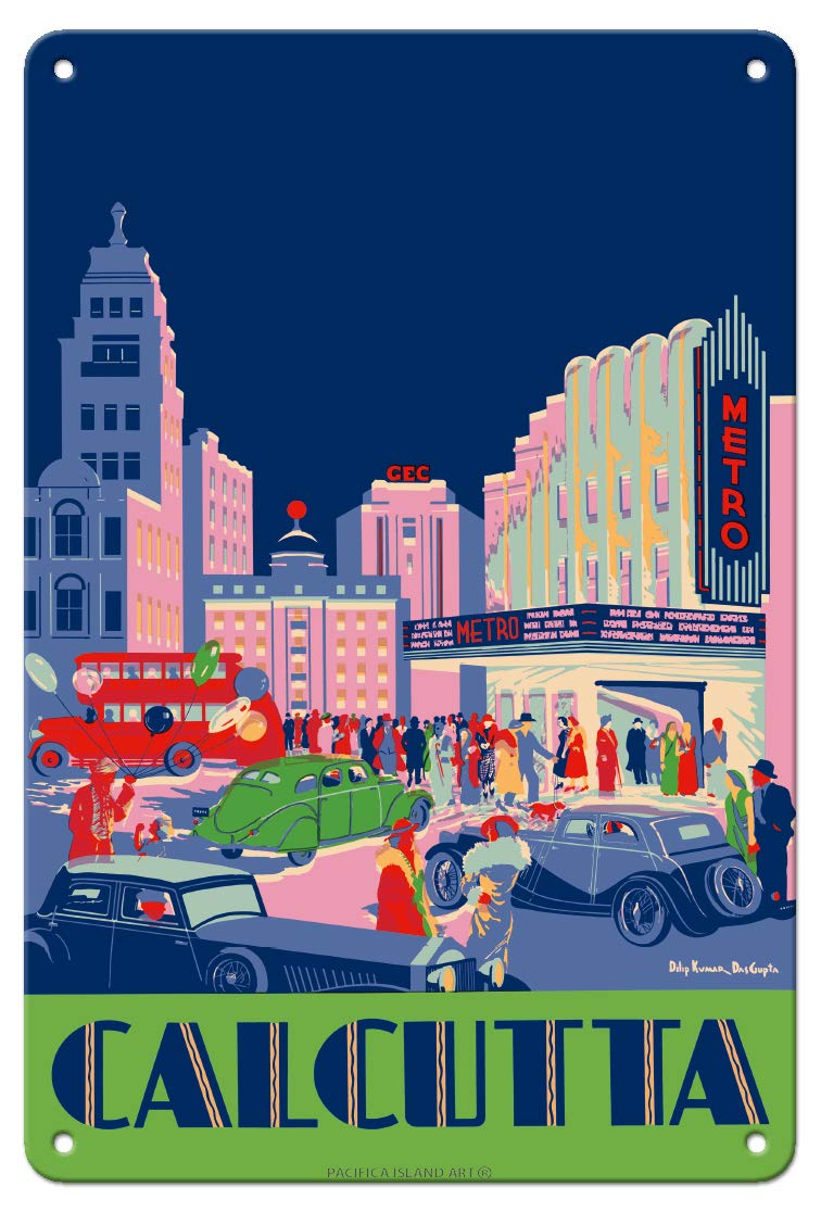 Pacifica Island Art - Calcutta, India - Metro Cinema - Vintage World Travel Poster by Dilip Kumar DasGupta c.1938 - Fine Art Print 8 x 12 in Tin Sign Multi MTSA8211