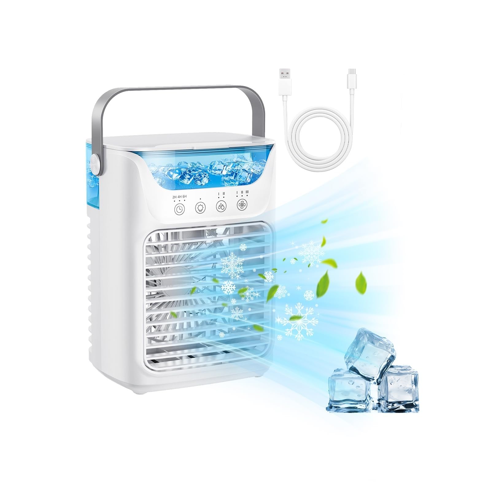 Mini klimatyzator, chłodnica powietrza, przenośne klimatyzatory, mobilny klimatyzator 4 w 1, 3 prędkości wiatru i światło LED 7 kolorów, zbiornik na wodę 700 ml, timer 2-6 godzin
