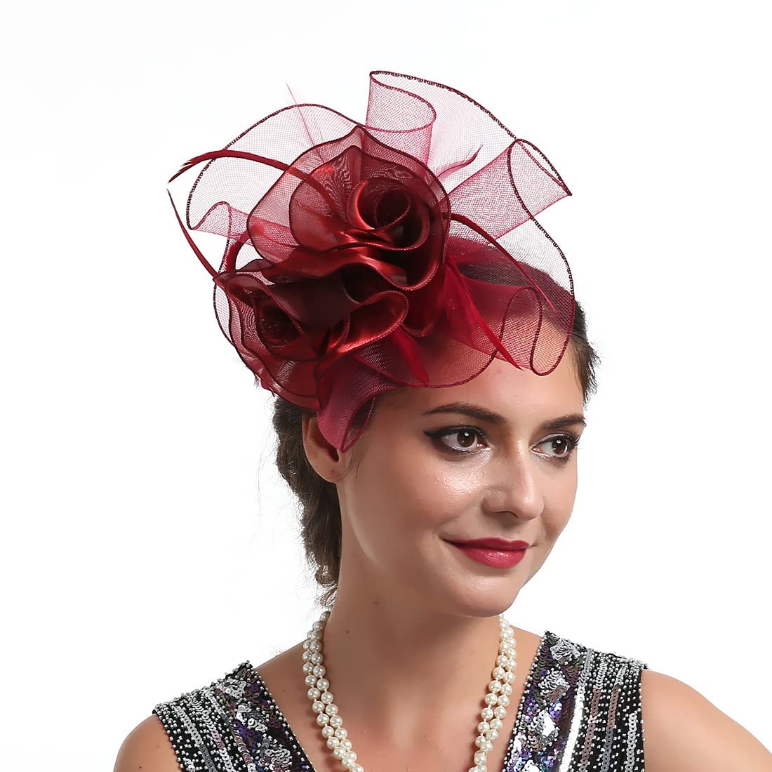 TOPOQ Burgundy Red Fascinators for Women Wedding Fascinators Tea Party Hat Flapper Pillbox Fascinator Hat Derby Ascot Hat with Headband Hairclips Headdress Headpieces