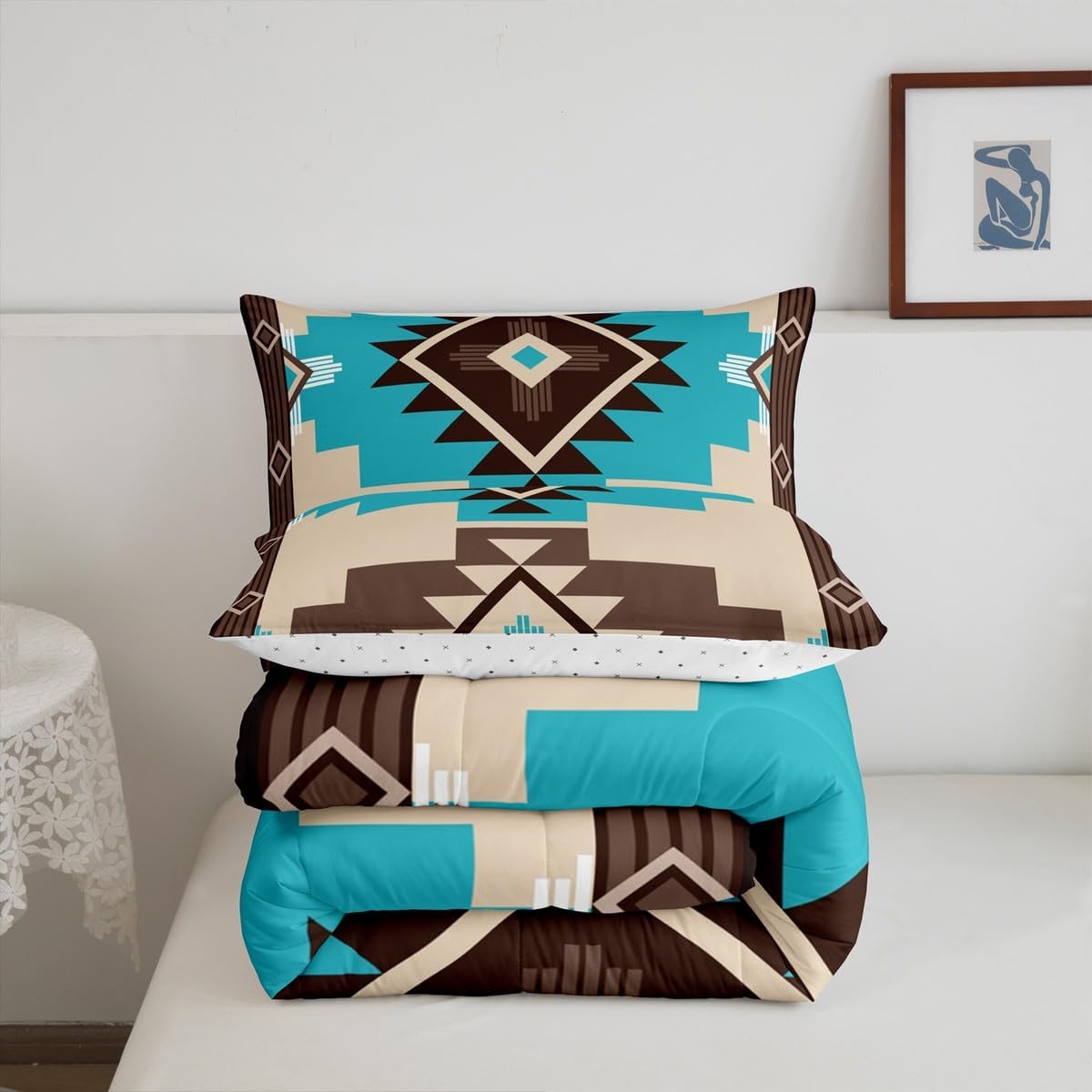Feelyou Aztec Comforter Set King Size, Blue Brown Boho Comforter for Kids Boys Girls Southwestern Decor Bedding Set Bohemian Duvet Insert Bed Set 3Pcs