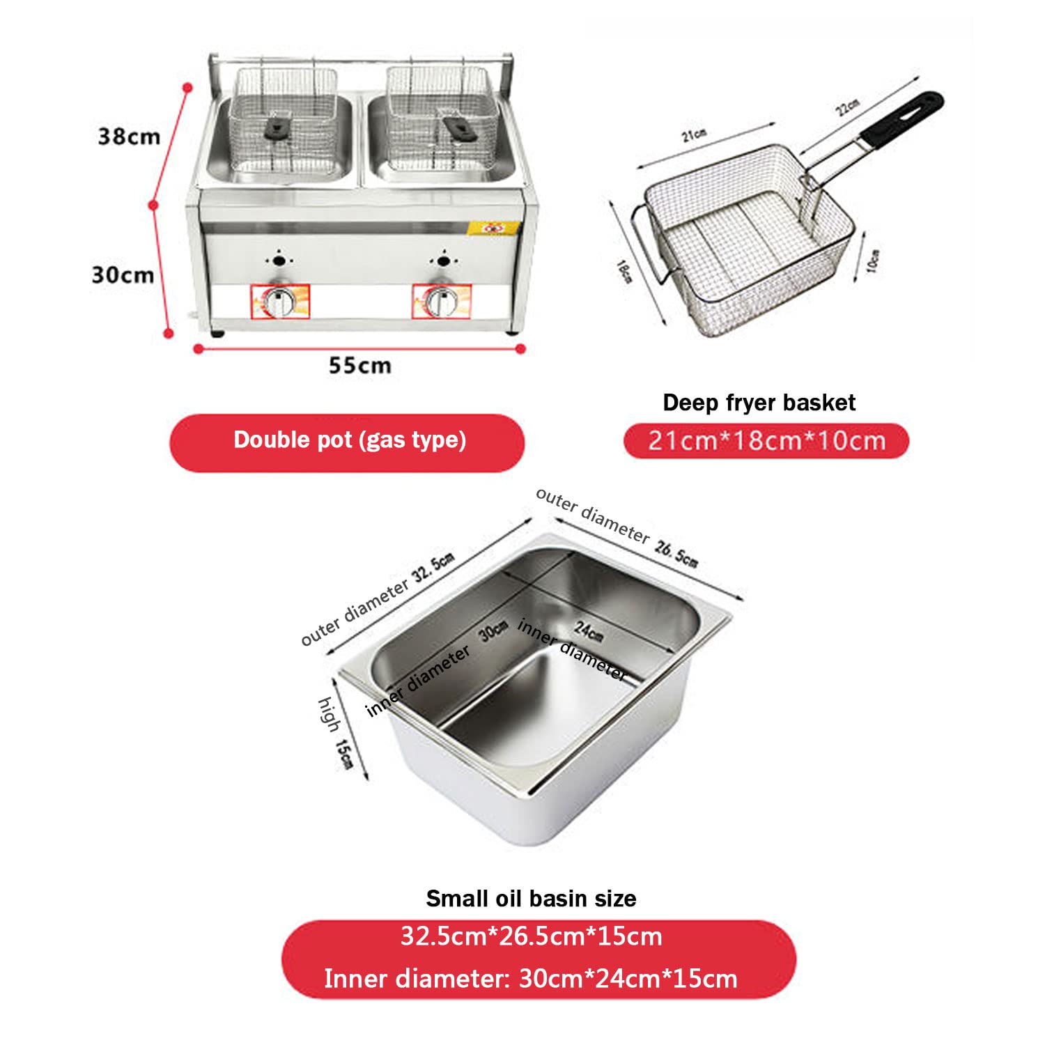 Friggitrice professionale a gas GPL in acciaio inox con cestello da 10 l x 2 e coperchio per patatine fritte, ideale per uso domestico e ristorante