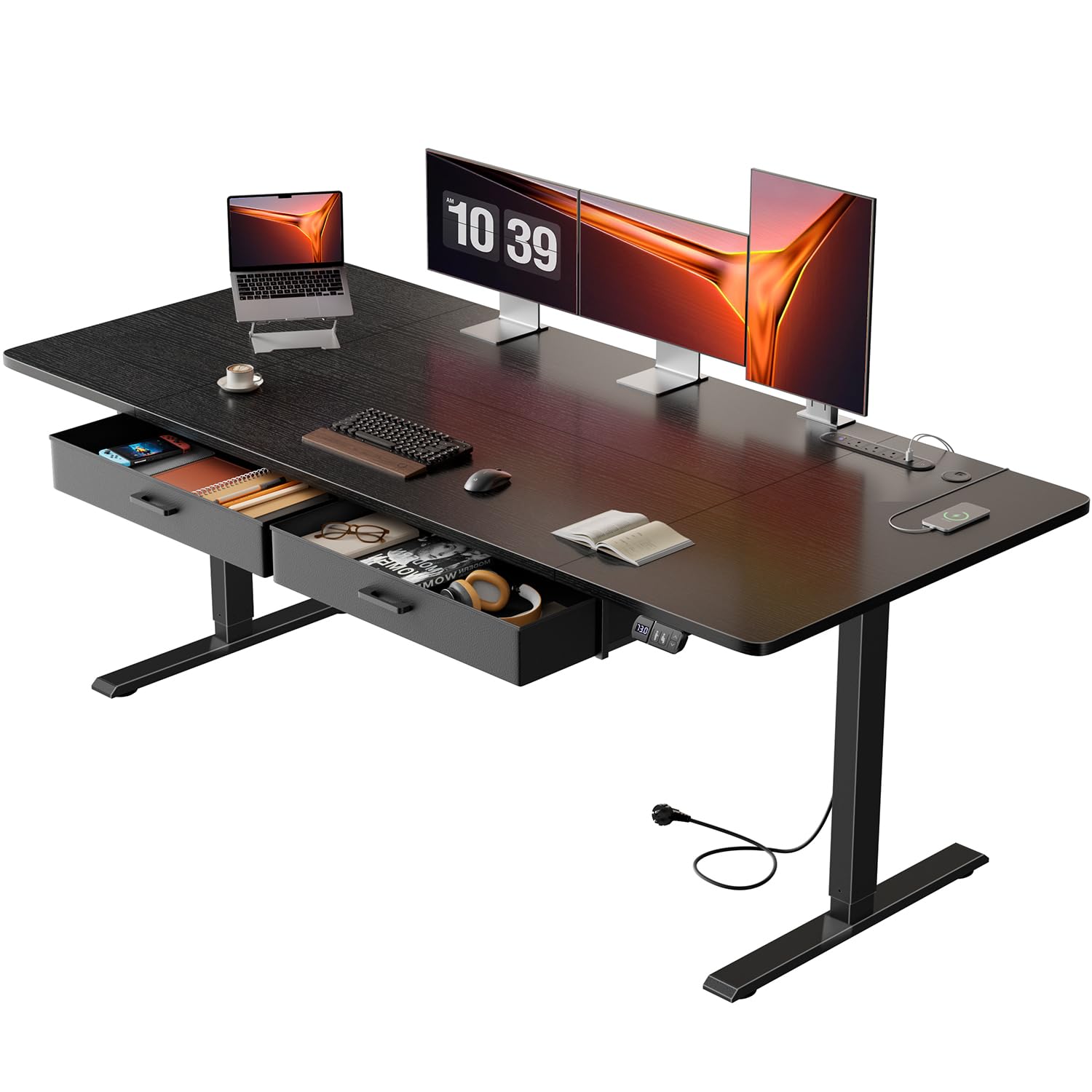 Precision Synergie Electric Standing Desk with 2 Drawers, 180 x 80 cm Height Adjustable Standing Desk with Power Outlets and USB Ports, Sit Stand Table with Memory Smart Pannel for Home Office, Black