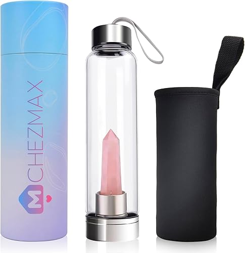 ChezMax Botella de agua de cristal con piedras preciosas de cuarzo energético con centro de cristal natural intercambiable para curación y bienestar
