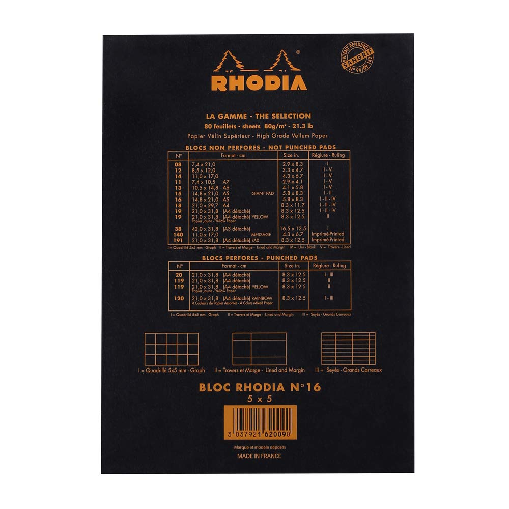 Rhodia Bloc-Notes Agrafé N°16 A5 14,8 x 21 cm Petits Carreaux 80 Feuillets Papier Clairefontaine 80 g/m² Couverture Souple