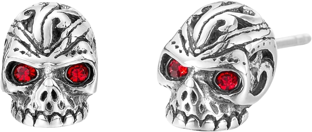 Stainless Steel Skull Stud Earrings Red Crystal Eye Gothic Punk Skeleton Earrings Men Women Vintage Tribal Carved Halloween Costume Jewelry Rock Biker Hip Hop Party Accessories
